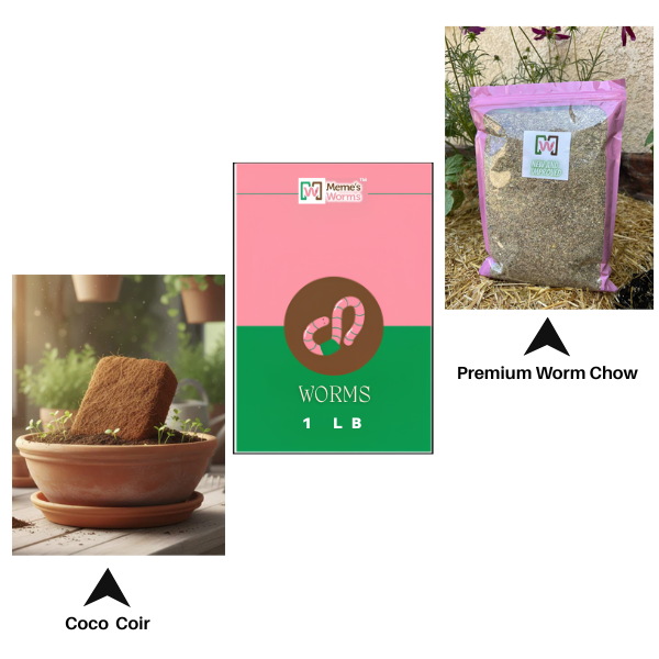 1 LB Worms + Coco Coir + Worm Chow Combo