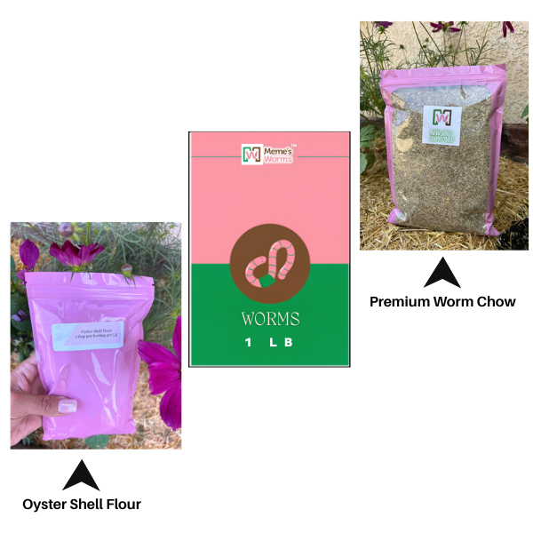 1 LB Worms + Worm Chow + Oyster Shell Flour Combo